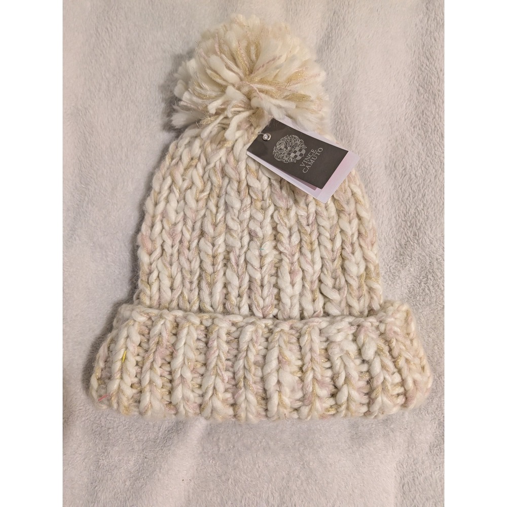 Vince Camuto Ivory Gold Metallic Chunky Cable Knit Pom Pom Beanie Hat V1542521